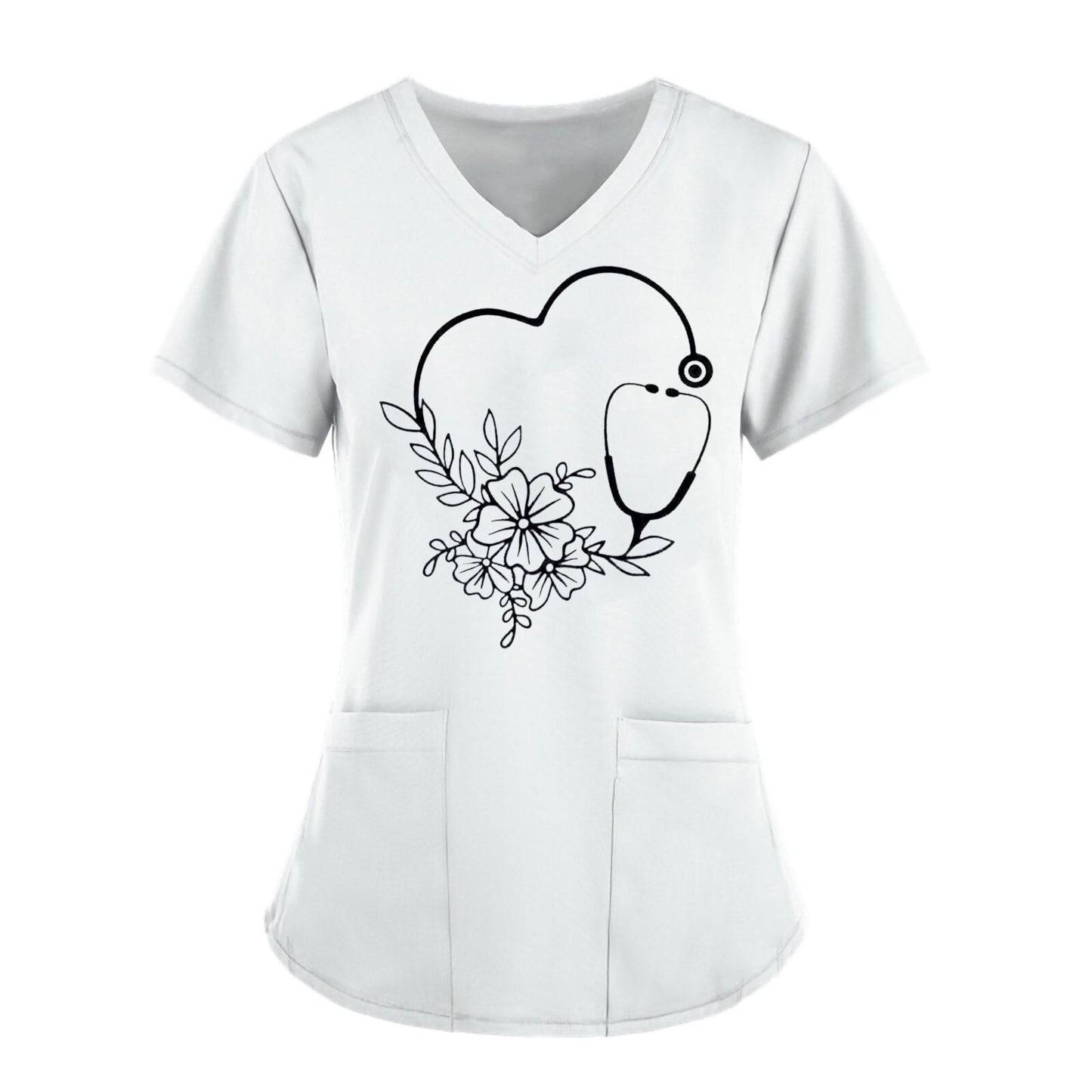 Women's Heart Print V-Neck Scrub Top