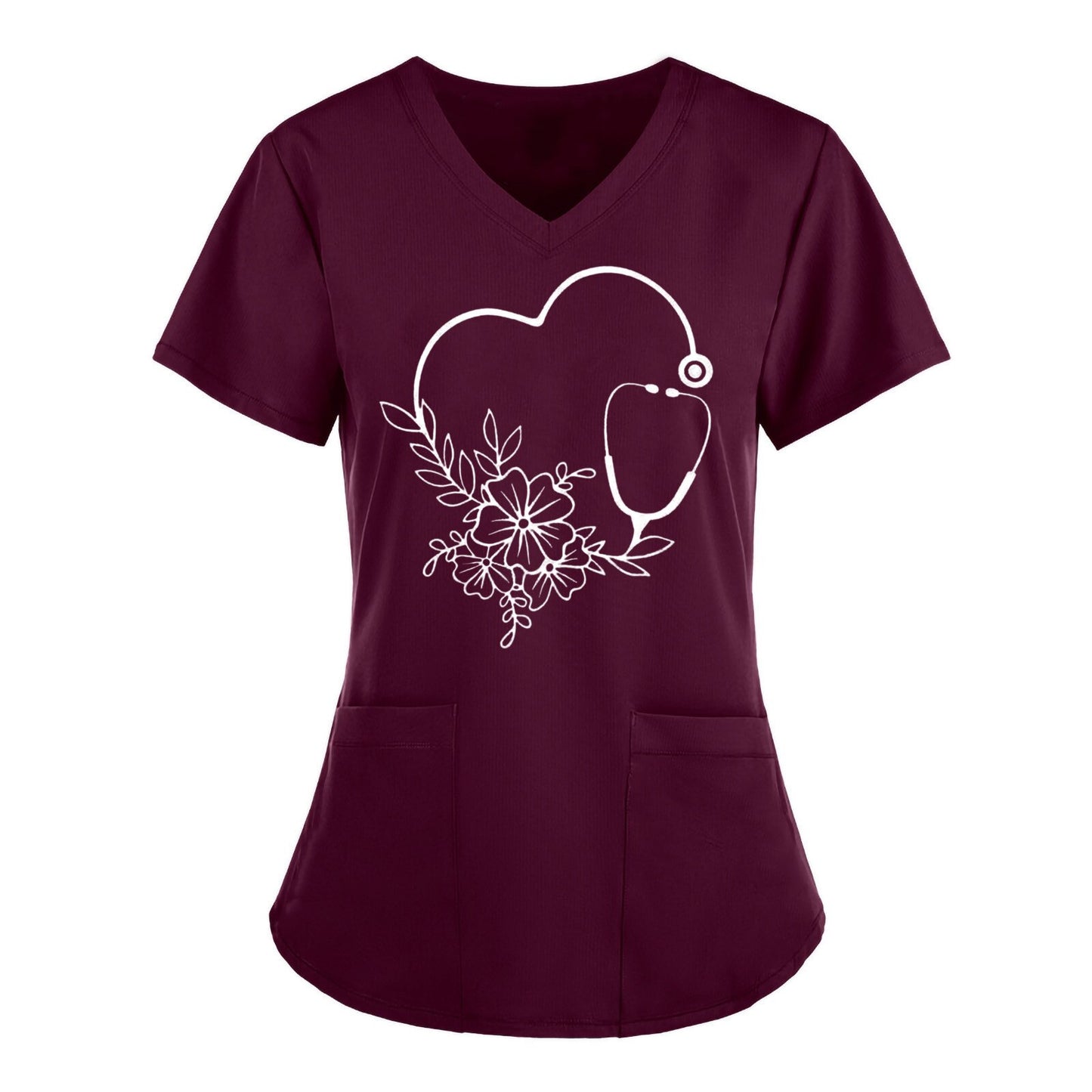 Women's Heart Print V-Neck Scrub Top