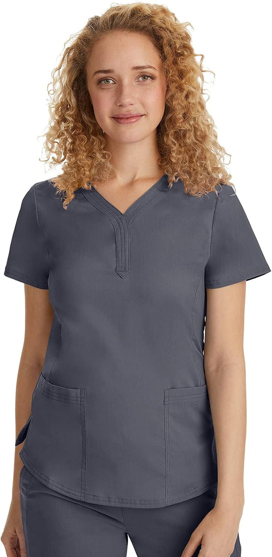 Women'S Y-Neck Scrub Top with 2 Pockets, Knit Details, Shirttail Hem, and 2-Way Stretch Fabric 2167