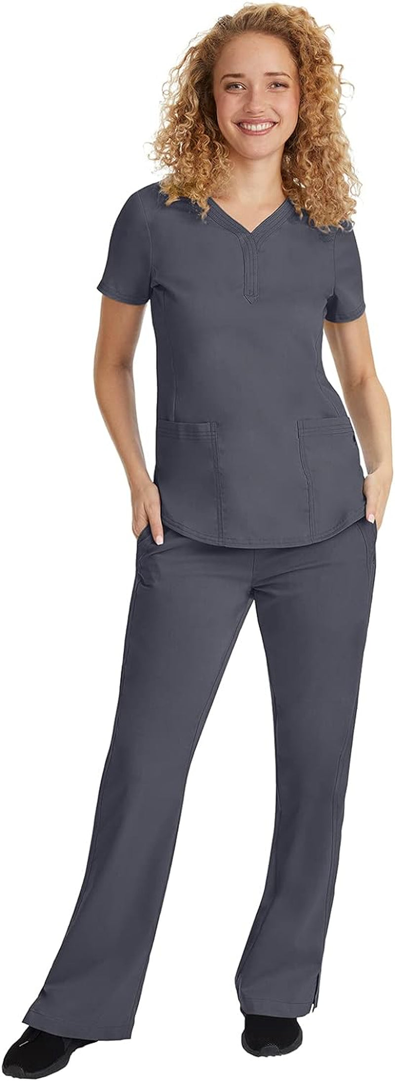 Women'S Y-Neck Scrub Top with 2 Pockets, Knit Details, Shirttail Hem, and 2-Way Stretch Fabric 2167